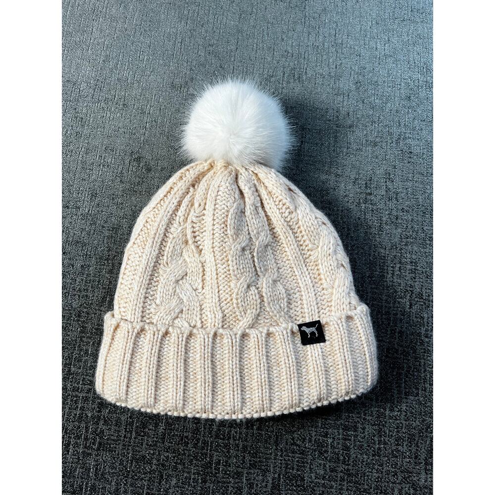 Victoria's Secret Pink Logo tan with White Pom beanie cozy cable knit great cond